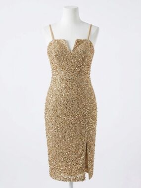 Gold Sequin Midi Dress with Spaghetti Straps